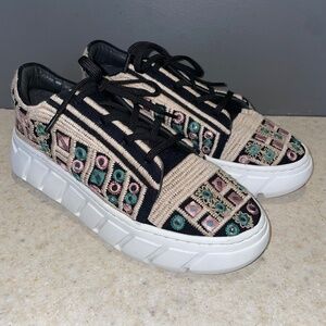 Free People Catch Me if You Can Crochet Sneakers Tan Black Mirror Combo Boho